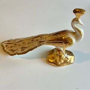 Vintage Bel-Air Lusterware Peacock Figurine White & Gold Luster Gilding 10x6.75”